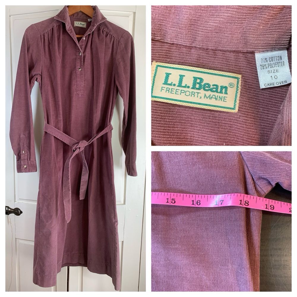 Vtg LL Bean Corduroy Shirt Dress Sz 10 Button Pockets Belt Cottage Peasant Retro